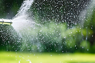 Hose pipe and running water at the garden outside. Splashing and spraying water from the hose.