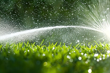 Water splash spray at the grass or garden field could be from hose or garden sprinkler. Watering the plant. - obrazy, fototapety, plakaty
