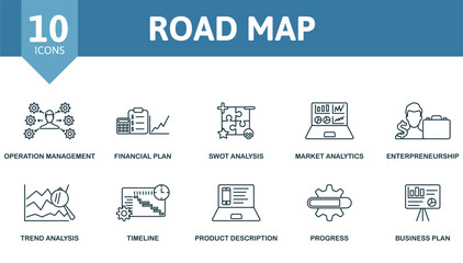 Road Map icon set. Monochrome simple Road Map icon collection. Operation Management, Financial Plan, Swot Analysis, Market Analytics, Enterpreneursship, Trend Analysis, Timeline, Product Description