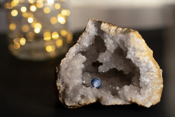 Cyanite ring inside a crystal quartz geode