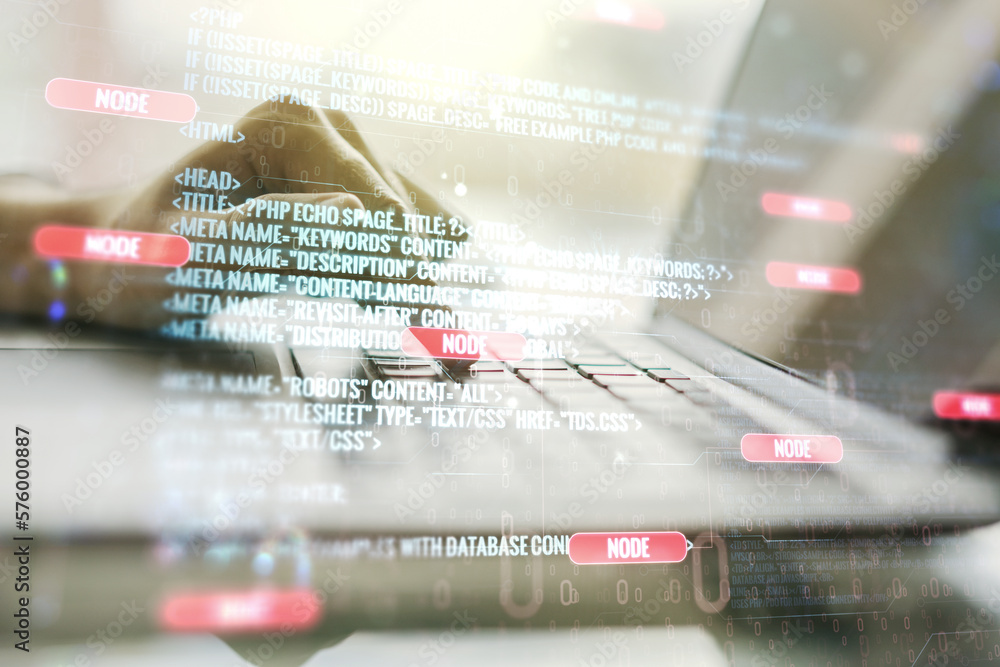 Aufkleber double exposure of abstract creative programming illustration and hands typing on laptop on backgrou