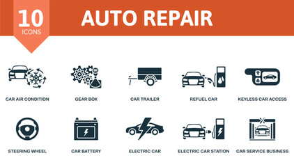 Auto Repair icon set. Monochrome simple Auto Repair icon collection. Air Condition, Gear Box, Car Trailer, Refuel , Keyless Car Access, Steering Wheel, Car Battery, Electric Car, Electric Car Station