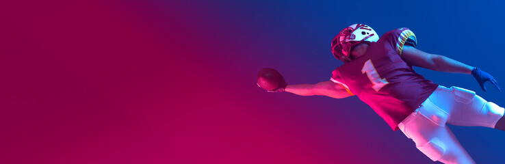 Horisontal banner for website header. Visual with American football player banner with neon colors....