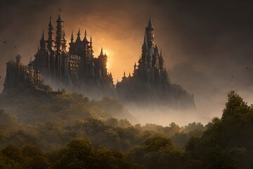 Fototapeta na wymiar Dark castle in the valley, dark atmosphere of hell. Generative AI
