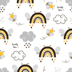Seamless Pattern with Flying Cute Bee, Rainbow and doodle clouds, Cartoon Animals Background, Design for baby clothes, t-shirts, wrapping, fabric, textiles and more