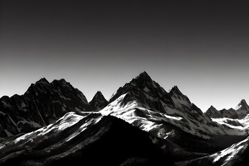 Drawn mountains on a black background. Mountain peaks. Black and white illustration of mountain travel. Generative AI