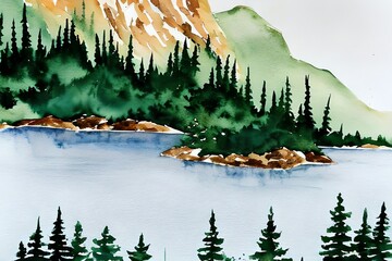 Elegant white background with a watercolor mountain for a wedding, a book cover, wallpaper, or wall art. A lovely watercolor painting with a lake, pines, and mountains. Generative AI