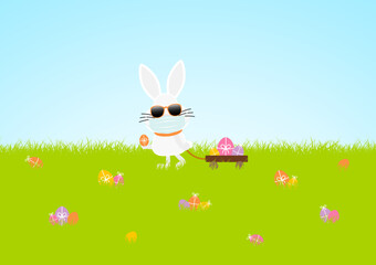 Karte Weißer Osterhase Maske Sonnenbrille Handwagen Wiese Ostereier