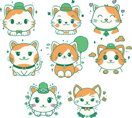 A Set Of Cute Cat Faces Wearing St Patrick's Costume Illustrations
