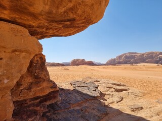 Wadi Rum, Jordan - February 24th 2023: Rocks in the desert