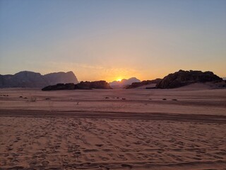 Wadi Rum, Jordan - February 24th 2023: Sunset in the desert