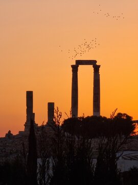 Amman, Jordan - February 22th 2023: Sunset on Amman Citadel