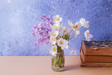Lilac and anemones flower bouquet greetings with spring, for Mother's Day or March 8
