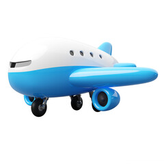 Cute cartoon style commercial airplanes like toys with white fuselage and blue wings isolated on transparent background 3d render