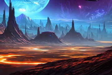 Fototapeta na wymiar Extraterrestrial landscape, scenery of alien planet in deep space. Generative AI
