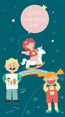 Happy children's day.Girl with watermelon,boy painted parents,unicorn and rainbow.Poster,card,banner,social media story