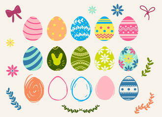 Easter eggs vector set, colorful, with knots, flowers, leafs for many uses.