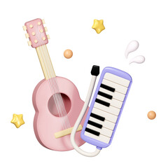Music Instrument, Cute melodica and guitar isolated on background icon symbol clipping path. 3d render illustration