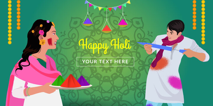 Beautiful happy couple playing Holi with colors. Happy Holi social media template with text space.