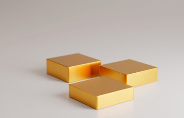 Gold leaf covered boxes with small bevel. Product advertising marketing background. Various heights in stages. 
