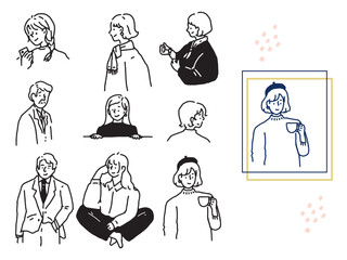 白黒、モノトーン、線画のイラスト(手書き、オシャレ、雑誌、ファッション、可愛い、人物、女の子) Black and white, monotone, and line drawing illustrations.Handwritten, stylish, magazine, fashion, cute, person, girl.	