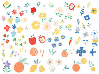 花と果物のイラスト(北欧、りんご、クローバー、柄、オレンジ、レモン)