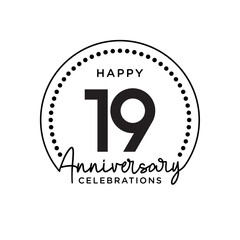 19 years anniversary. Anniversary template design concept, monochrome, design for event, invitation card, greeting card, banner, poster, flyer, book cover and print. Vector Eps10