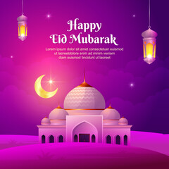 Eid al-fitr illustration with cute mosque, lantern, moon and bright sky background