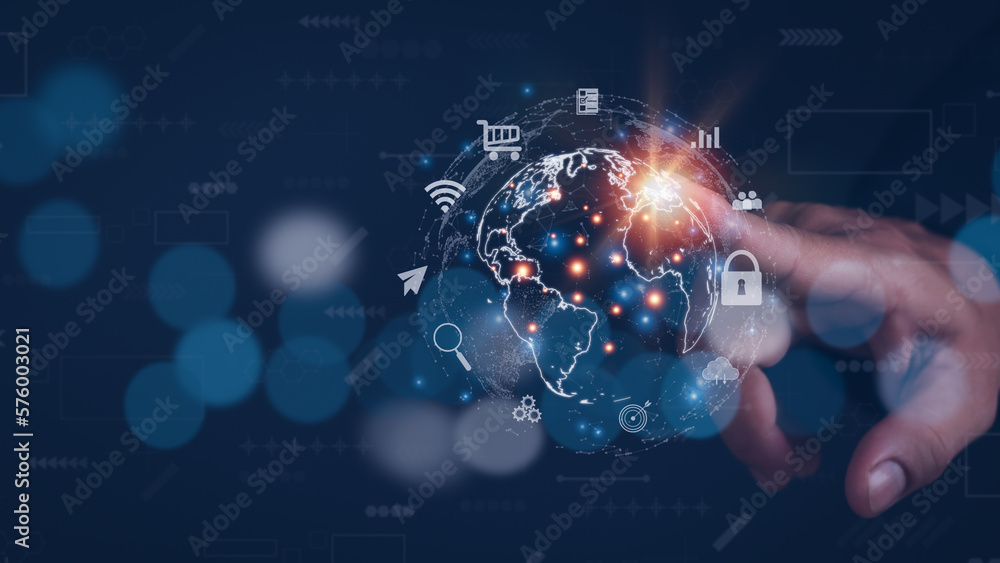 Poster concept of accessing big data through global internet network, finger touching globe icon connect te