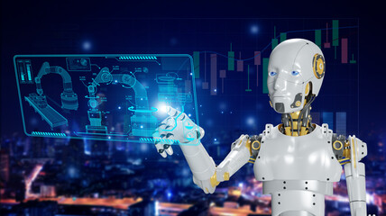 Robot on a modern city background. A concept of artificial intelligence for the industrial revolution and the automation of manufacturing processes.
