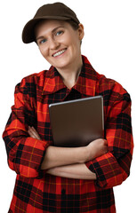 Smiling woman in plaid red shirt and cap with digital tablet