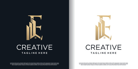 letter e logo design template with building concept premium vector