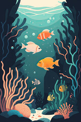 Underwater - Minimalistic flat design landscape illustration. Image for a wallpaper, background, postcard or poster. Generative AI