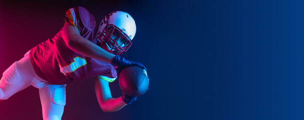 Horisontal banner for website header. Visual with American football player banner with neon colors....