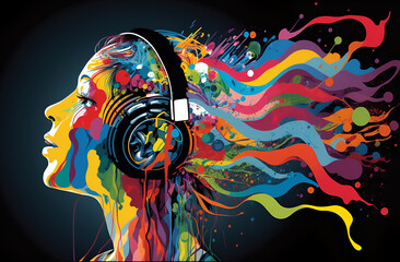 brightly colored head-wearing headphones, with waves of sound and emotion emanating from the headphones and surrounding the head. the image evokes a sense of freedom, and creativity.