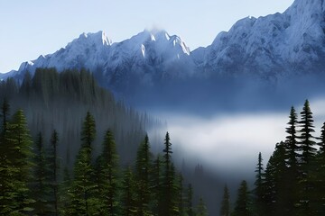 mountains peaks out of the fog over a forest valley. Generative AI