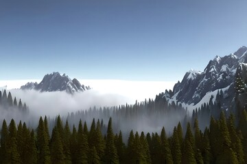 Fototapeta na wymiar mountains peaks out of the fog over a forest valley. Generative AI