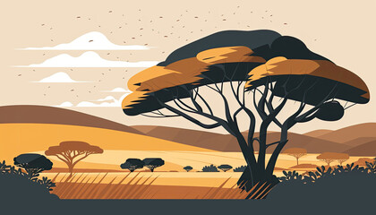 Savanna - Minimalistic flat design landscape illustration. Image for a wallpaper, background, postcard or poster. Generative AI