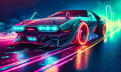 Obraz na płótnie Canvas Futuristic and edgy, a neon-lined retro wave car zooms down the road, a testament to the endless possibilities of technology