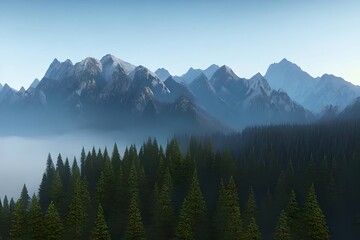 Fototapeta premium mountains peaks out of the fog over a forest valley. Generative AI