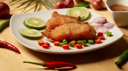 fried fish fillets served on white plate on old wooden top view, golden batter deep fried fish fillets,
lemon and orange slices, spices, concept - healthy seafood 