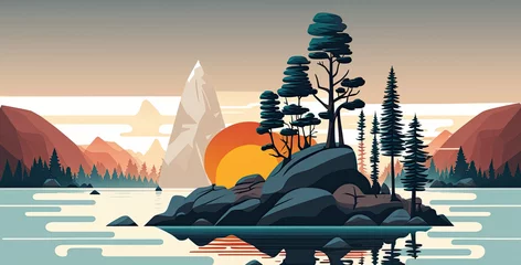 Dekokissen Island  - Minimalistic flat design landscape illustration. Image for a wallpaper, background, postcard or poster. Generative AI © Zerbor