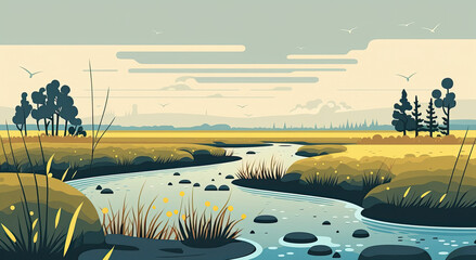 Marshland - Minimalistic flat design landscape illustration. Image for a wallpaper, background, postcard or poster. Generative AI - 576004055