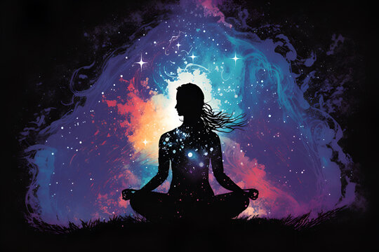 an astral body set against an abstract space background. convey a sense of the esoteric and spiritual, emphasizing the idea of meditation and its connection to the after life