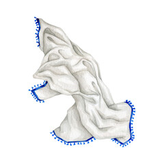 Watercolor white towel napkin with blue fringe illustration clip art