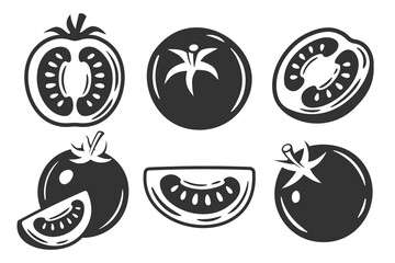 Tomatoes collection isolated on white background. Silhouette black tomatoes. Vector illustration