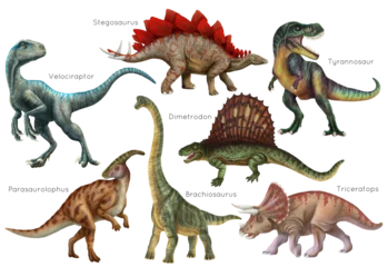 Foto op Plexiglas Dinosaurus Dinosaur set. Stegosaurus, Dimetrodon, Velociraptor, Triceratops, Brachiosaurus, Tyrex, Parasaurolophus