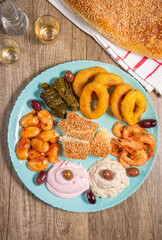 Greek traditional fasting food .Olives,beans,seafoods,traditional salads and bread lagana