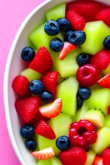 Obraz premium Bowl of healthy fresh fruit salad on pink background, top view - generative ai