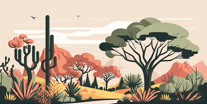 Botanic  - Minimalistic flat design landscape illustration. Image for a wallpaper, background, postcard or poster. Generative AI